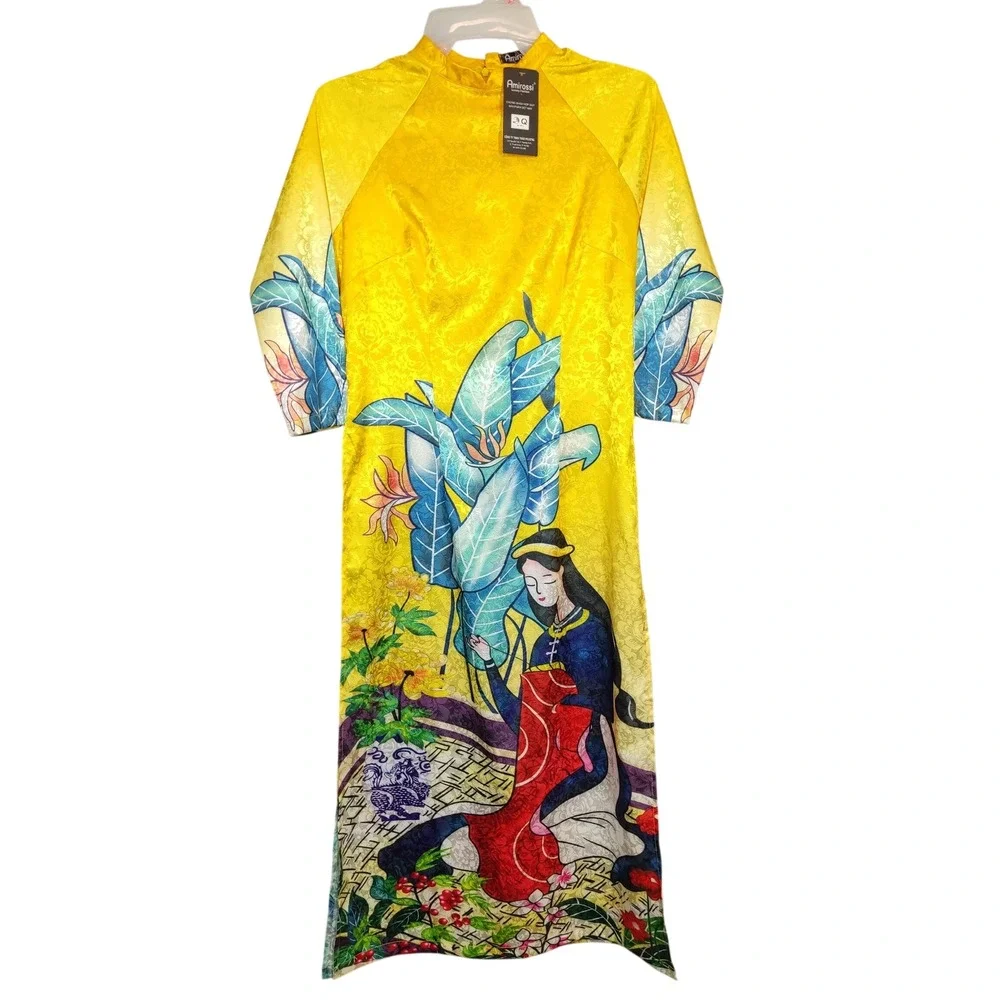 Amirossi Ao Dai Dress Women Medium Yellow Graphic Print‎ Floral Traditional Maxi